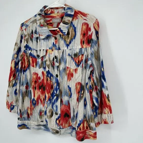 Chicos Jacket LARGE Multicolor Ikat Print Button Front Linen Blend Boho 22x24 - Picture 4 of 9